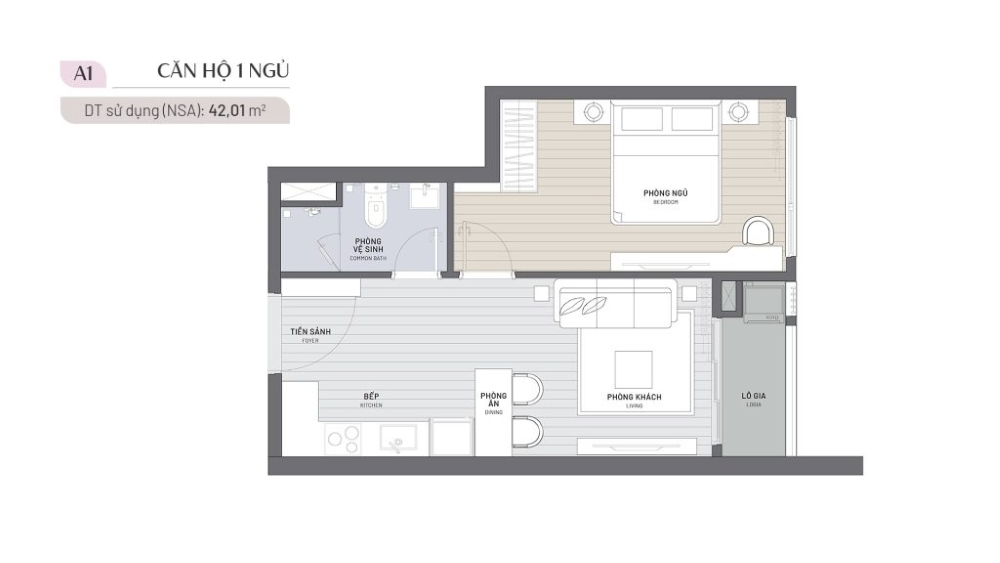 Mặt bằng dự án Ambience: Căn 1 ngủ điển hình Mặt bằng dự án Ambience: Căn 1 ngủ điển hình